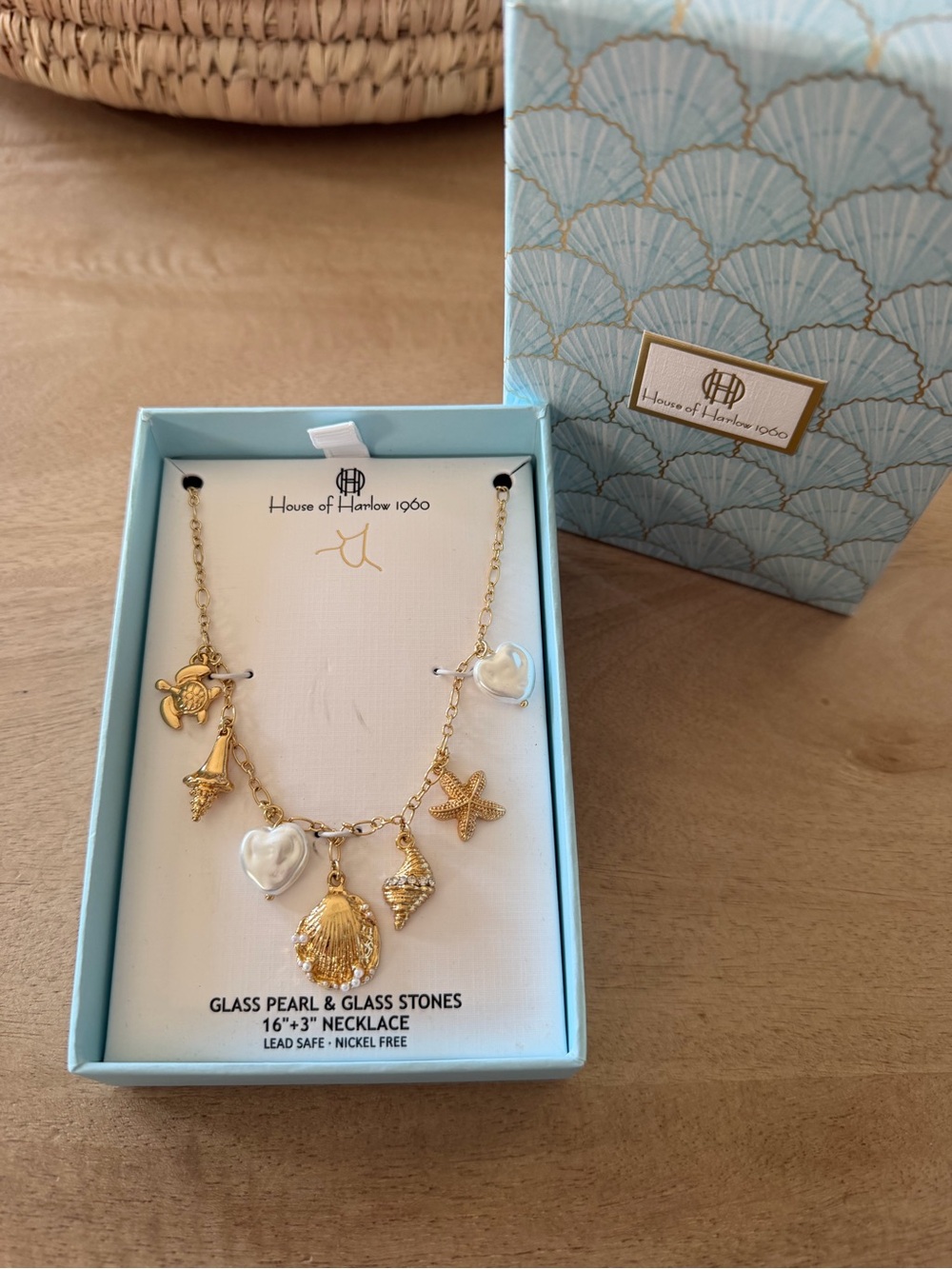 House of Harlow 1960 Gold-tone Sea Charm Necklace with White Glass Pearls